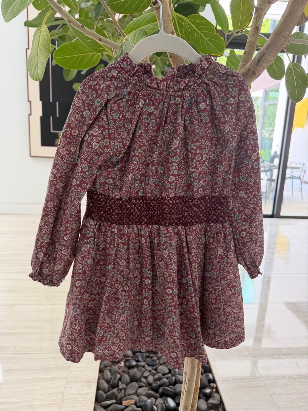 Smocked Waist Floral Long-Sleeve Dress for Girls - Burgundy Pink